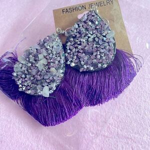 Purple Rhinestone Druzy Tassel Earrings